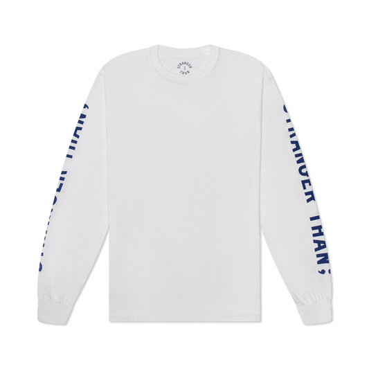 Stranger Than events clothing brand long sleeve tee-shirt print design logo sleeve white front