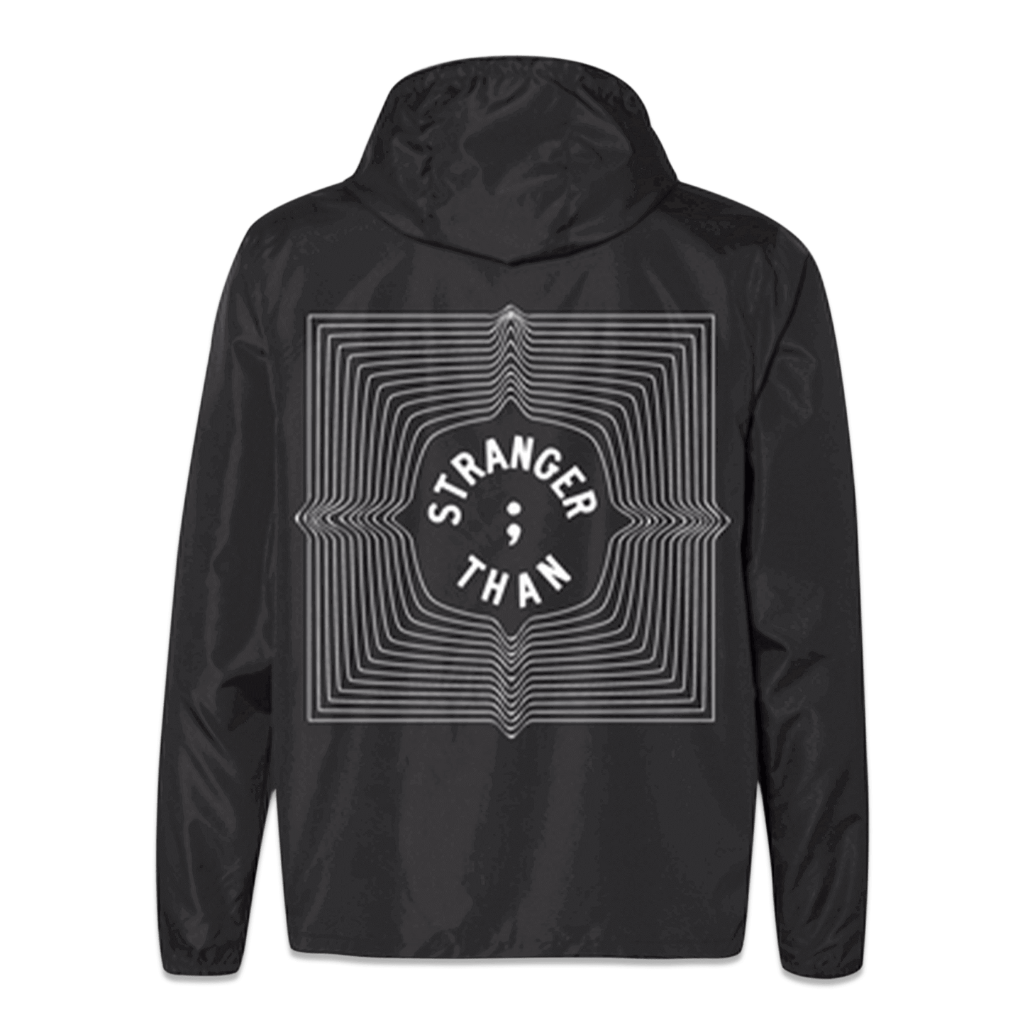 Stranger Than events clothing logo brand windbreaker black design print back